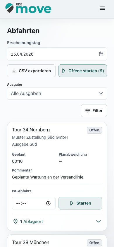 Mobile Abfahrtsansicht mit Tourstatus und tatsächlichen Abfahrtszeiten