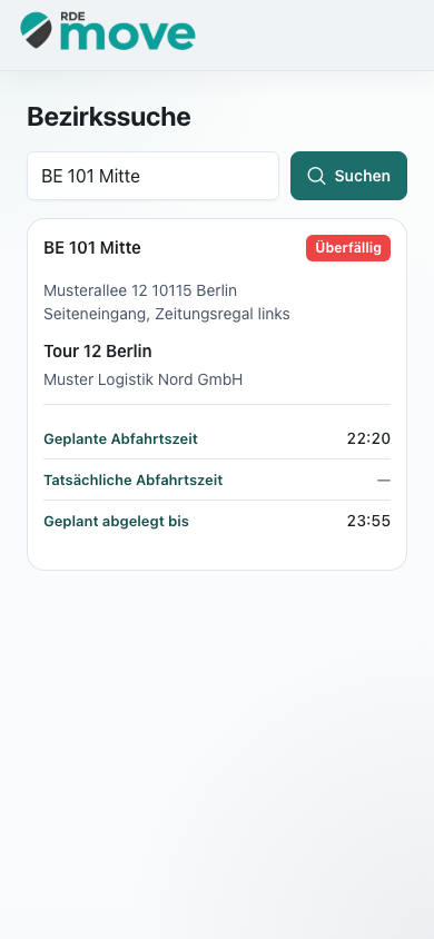 Mobile öffentliche Bezirkssuche mit einem Ablageort, geplanter Abfahrtszeit und überfälligem Status