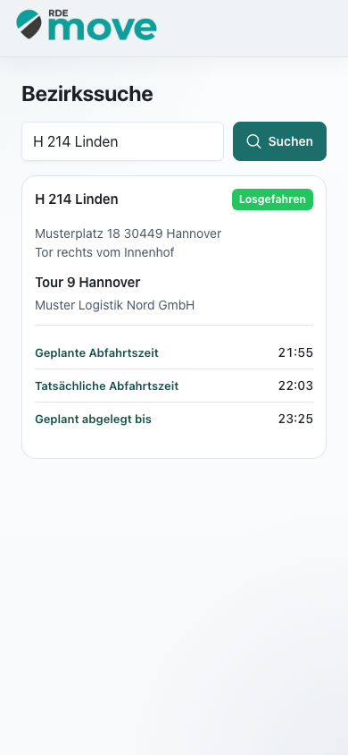 Mobile öffentliche Bezirkssuche mit einem Ablageort und tatsächlicher Abfahrtszeit