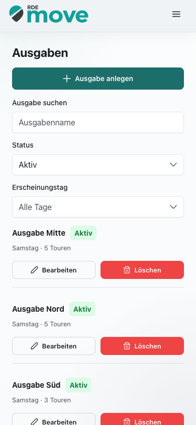 Mobile RDEmove-Ausgabenübersicht mit Erscheinungstagen, Touranzahl und Status