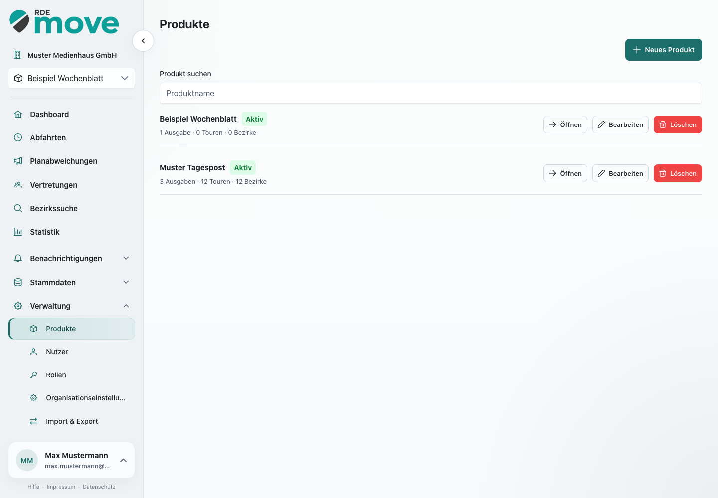 RDEmove-Produktübersicht mit mehreren Produkten sowie Anzahlen für Ausgaben, Touren und Bezirke